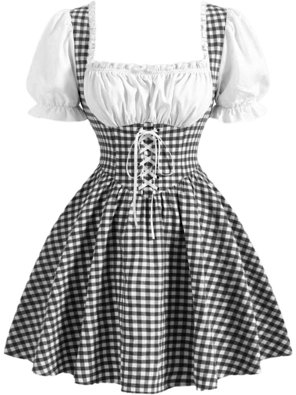 Women's Cottagecore Gingham Black/White Dress Puff Sleeve Lace Up Corset Flared